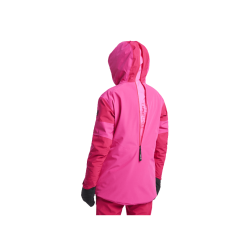 Pink skijakke med hætte og lynlås i ryggen