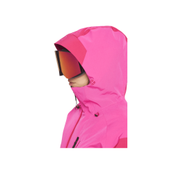 Pink damejakke med hætte og skibriller set fra siden