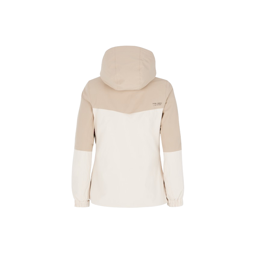 Beige og hvid skijakke med hætte og lange ærmer set bagfra