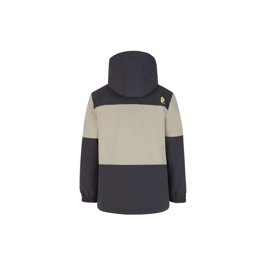 Børneskijakke i sort og beige med hætte, set bagfra