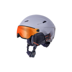 Grå skihjelm med orange visir og justerbar hagerem